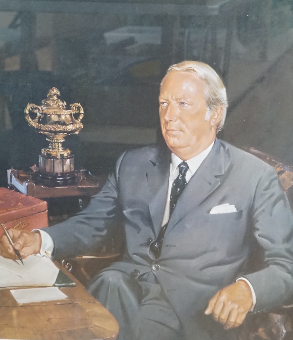 Terence Cuneo (1907-1996), colour print, Portrait of the Rt. Honourable Edward Heath, signed in ink by sitter and the artist, 81 x 58cm. Condition - fair